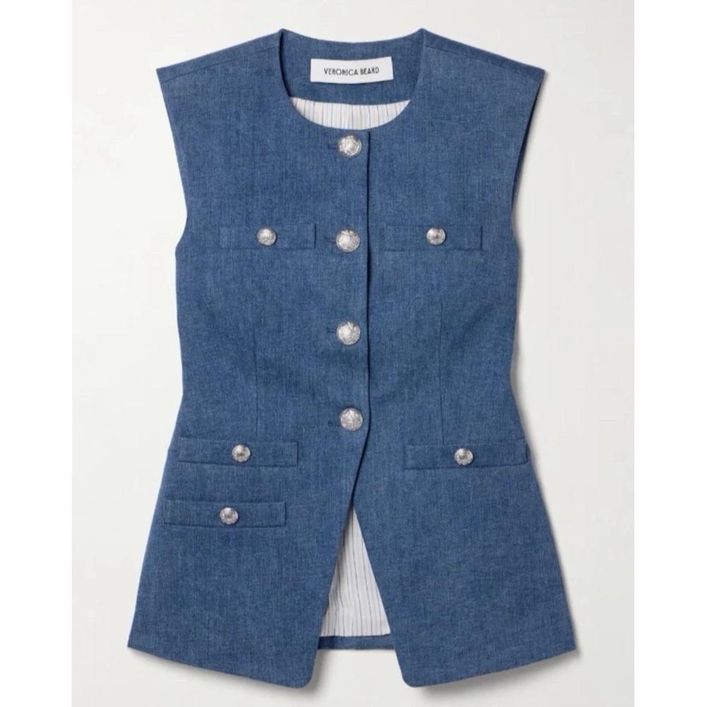 NWT VERONICA BEARD Tamara Denim Vest Crest Buttons 8 Light Cornflower Blue $468